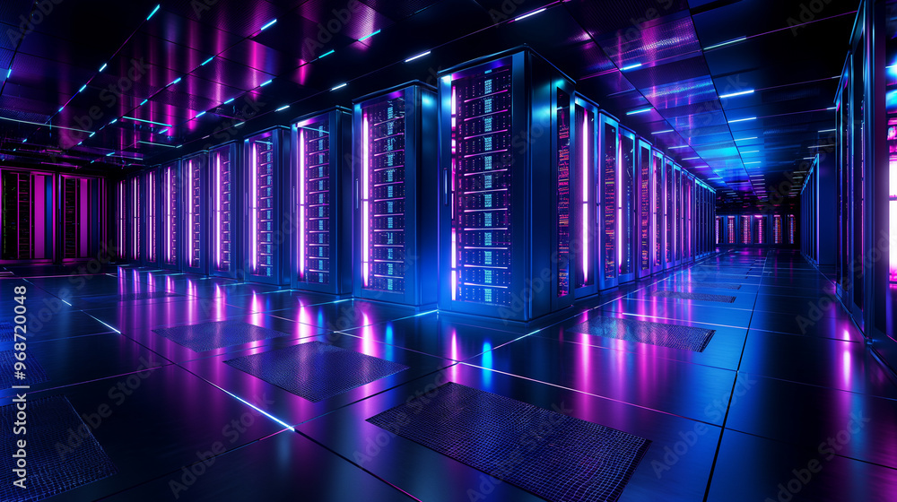 Fototapeta premium Ultramodern server room radiates with neon purple lights power of contemporary data storage technology. High tech environments concept