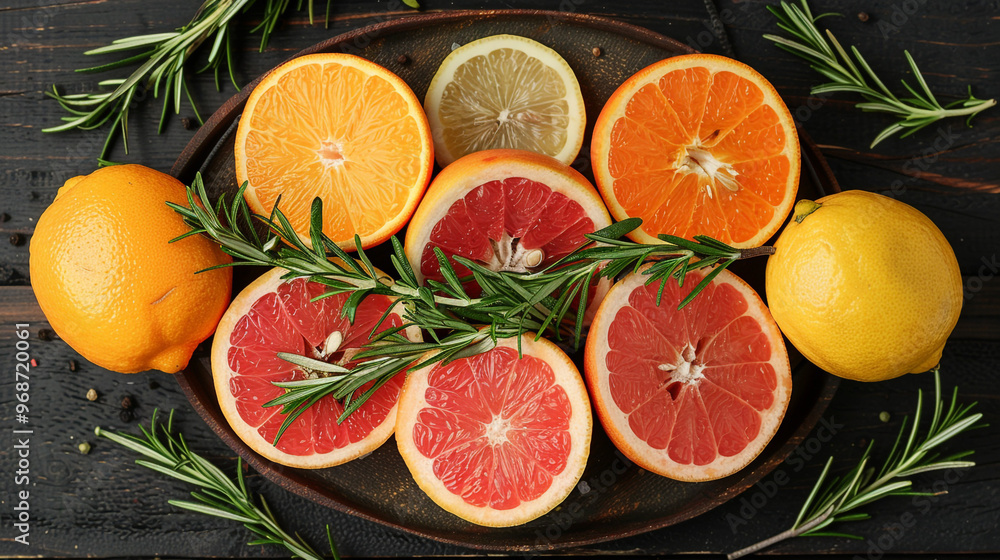 A flat lay of a mixed citrus fruit platter with whole and halved grapefruits, oranges, and lemons, arranged with scattered rosemary sprigs on a dark wooden background. A flat lay of a mixed citrus fruit platter with whole and halved grapefruits, oranges, and lemons, arranged with scattered rosemary sprigs on a dark wooden background.