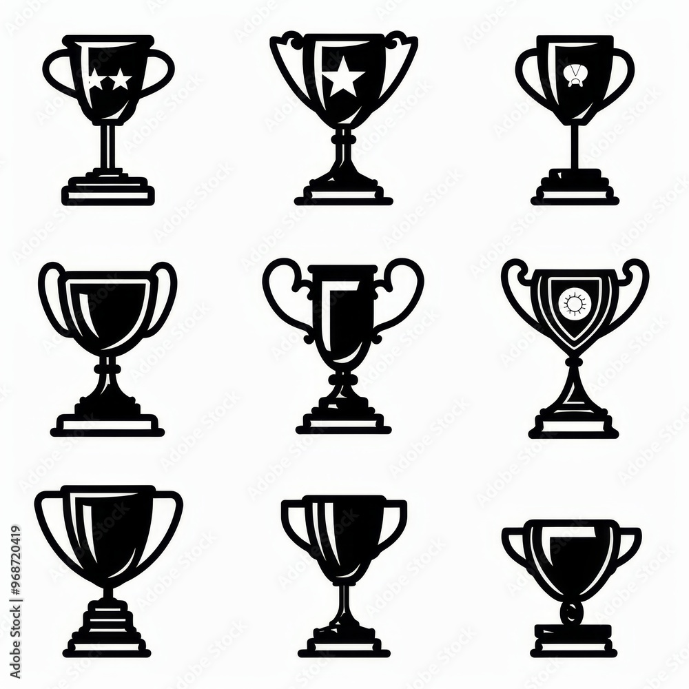 Trophy cups, golden goblet, silver reward, champion bowls. Contest winner award collection, prize cup Trophy cups, golden goblet, silver reward, champion bowls. Contest winner award collection, prize cup