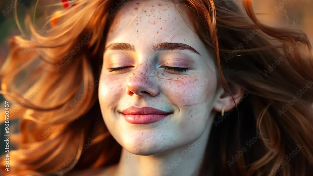 Young woman enjoying a sunny day with flowing hair and a serene expression in a natural outdoor setting Young woman enjoying a sunny day with flowing hair and a serene expression in a natural outdoor setting