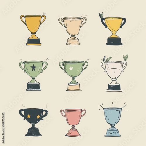 Trophy cups, golden goblet, silver reward, champion bowls. Contest winner award collection, prize cup