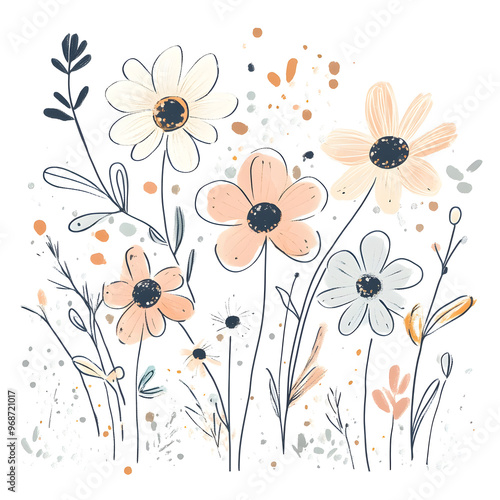 2D illustrator doodle-style floral and leaf graphics on a white background or wallpaper