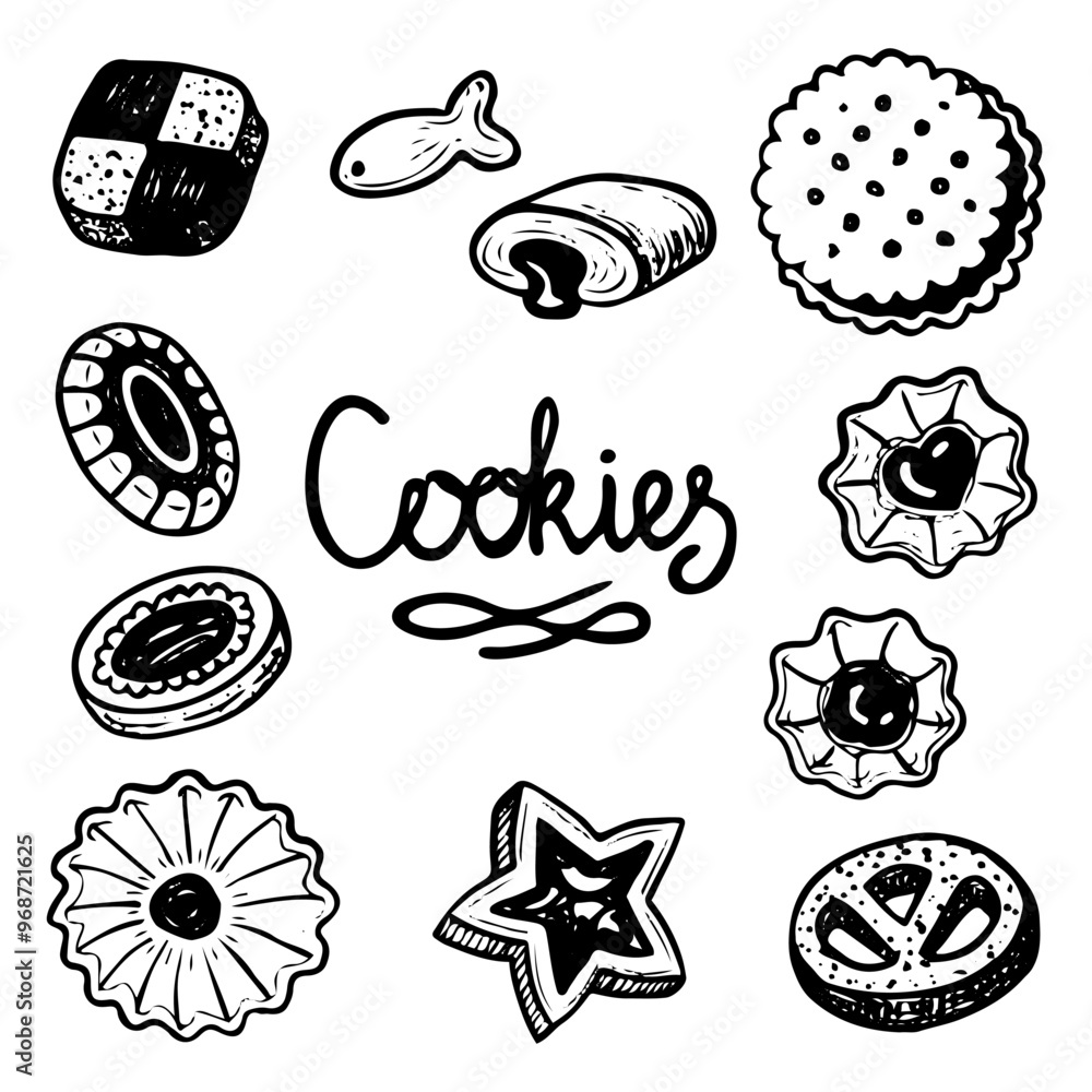 Set of cookies hand drawn doodle. Baked biscuit. Sweet snack. Dessert food. Confectionery sugar pastry. Bakery prod. Shortbread, cracker, sandwich. Vector outline line art illustration. Set of cookies hand drawn doodle. Baked biscuit. Sweet snack. Dessert food. Confectionery sugar pastry. Bakery prod. Shortbread, cracker, sandwich. Vector outline line art illustration.