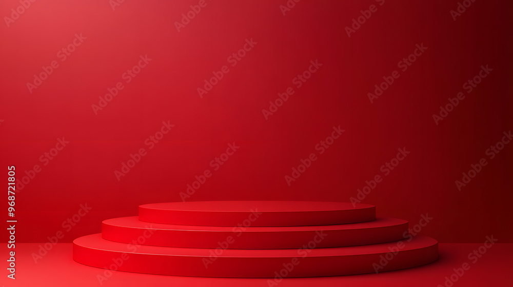 Obraz premium Red velvet curtain drapes on a white stage backdrop with a spotlight illuminating a red carpet podium for a glamorous theatre performance
