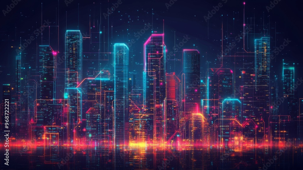 Fototapeta premium AI-powered climate control systems in futuristic cities: Smart buildings optimizing their energy consumption for maximum efficiency.