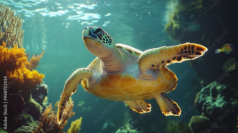 Obraz premium A green sea turtle swims through a coral reef, sunlight shining through the water.