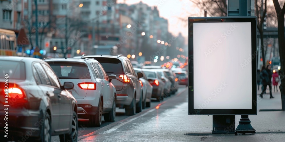 Night time traffic in a city on a wet street with cars, bus, and pedestrians. A sign is illuminated near the curb. Night time traffic in a city on a wet street with cars, bus, and pedestrians. A sign is illuminated near the curb.