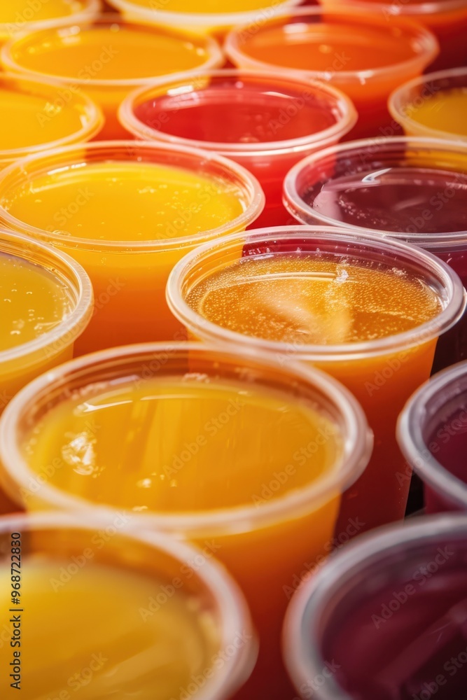 Assorted beverages in small plastic cups Assorted beverages in small plastic cups