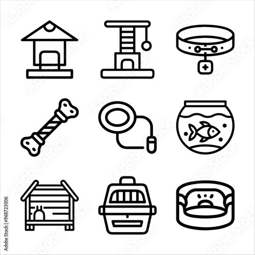 Pet Accessories Icons Featuring Dog Collar, Pet Leash, and Cat Scratcher