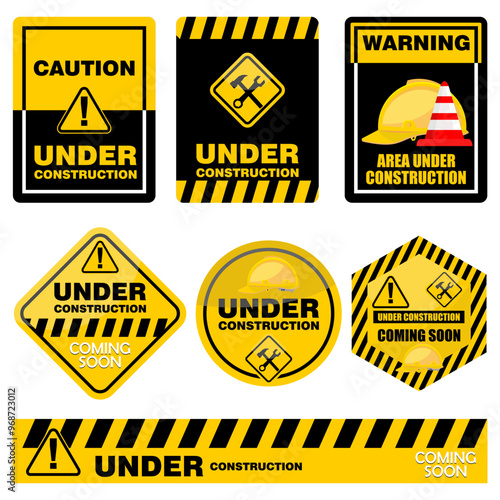 Caution, Under construction, sign and label vector