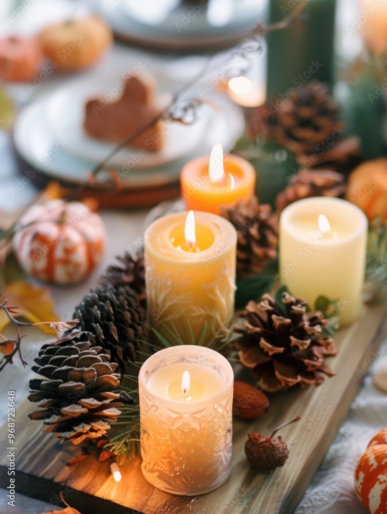 Autumn candle centerpiece with pinecones, pumpkin, and fall decor elements. Ideal for a warm harvest table setting or holiday gathering. Autumn candle centerpiece with pinecones, pumpkin, and fall decor elements. Ideal for a warm harvest table setting or holiday gathering.