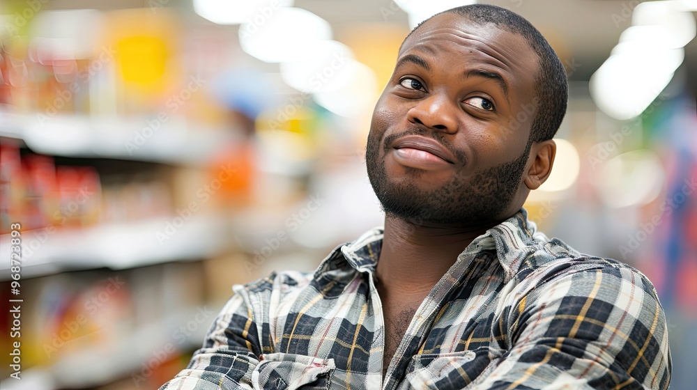 A man with a beard and a plaid shirt is standing in a store A man with a beard and a plaid shirt is standing in a store