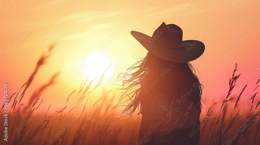 A cowboy silhouetted against a setting sun, in front of fields. The image evokes themes of rural living and the beauty of the countryside. A cowboy silhouetted against a setting sun, in front of fields. The image evokes themes of rural living and the beauty of the countryside.