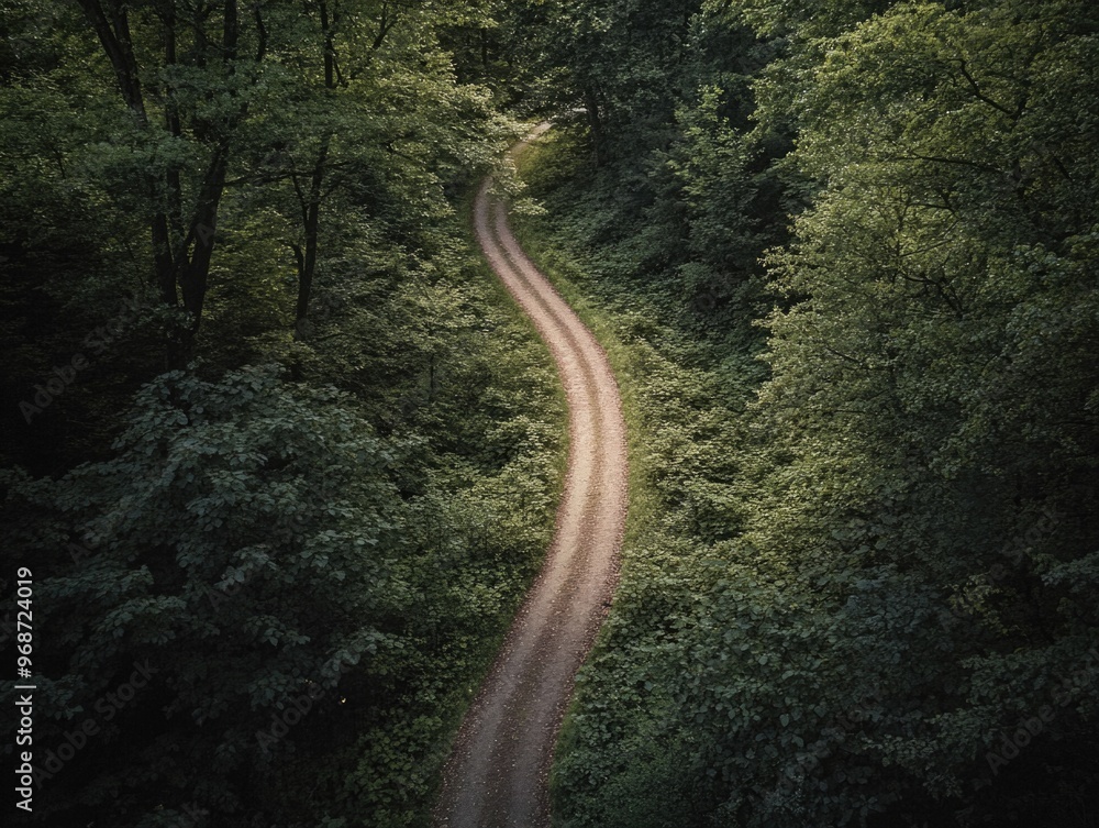 A serene forest trail at dawn, with the road disappearing into mist and trees. A serene forest trail at dawn, with the road disappearing into mist and trees.