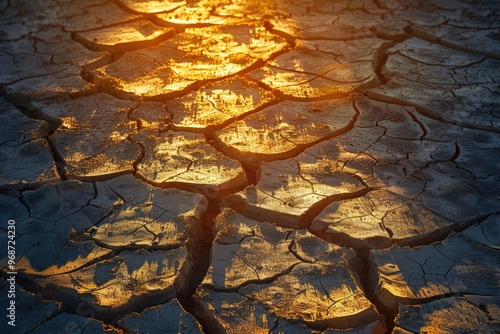 Dried-up land with cracks and crevices from long periods of drought. photo