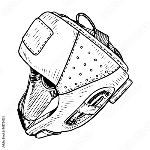 Boxing helmet hand drawn sketch. Sports equipment. Head protection in a fight. Boxers clothes. Equipment for fights, wrestling. Professional sports. Vector contour line art illustration.