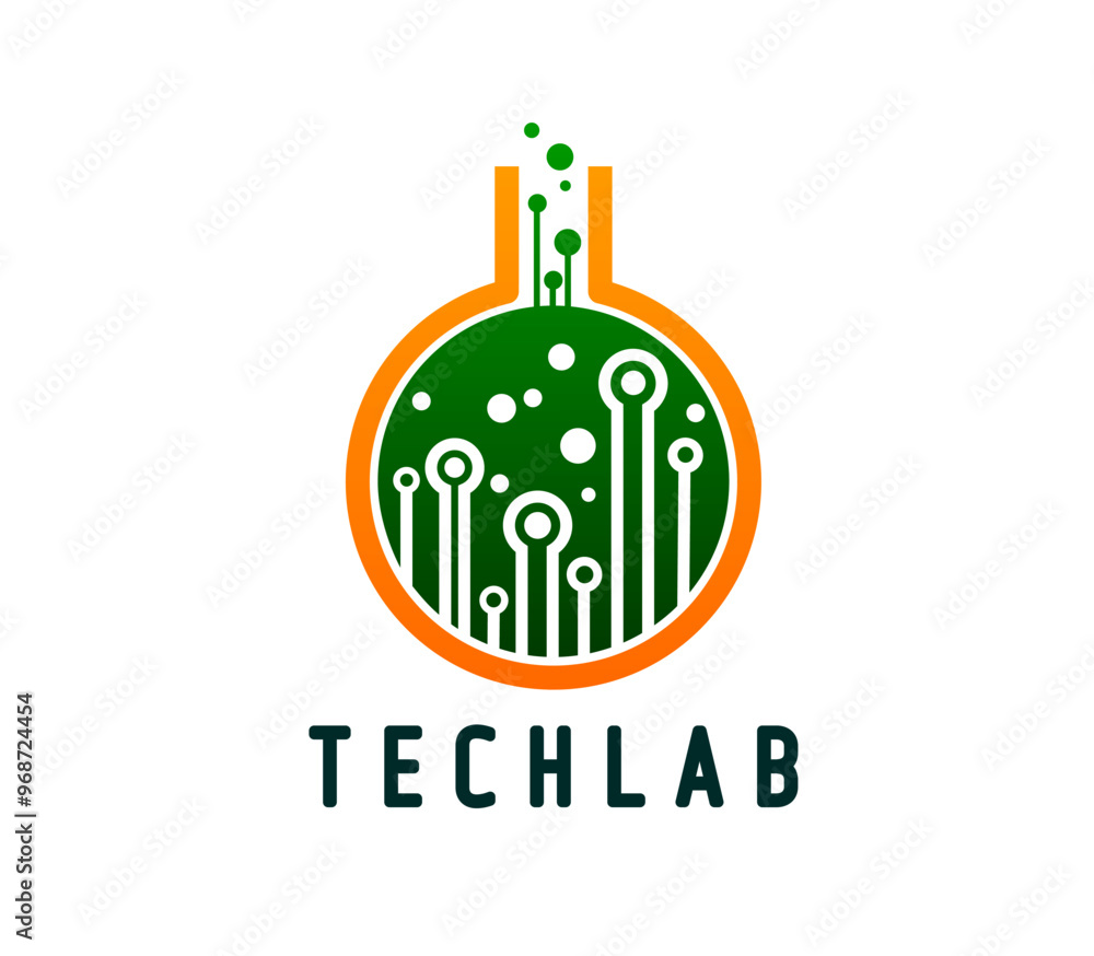 Tech lab icon, innovative emblem with round-bottom flask filled with circuit lines and bubbles, symbolizing fusion of technology and science, technical laboratories or scientific research facilities Tech lab icon, innovative emblem with round-bottom flask filled with circuit lines and bubbles, symbolizing fusion of technology and science, technical laboratories or scientific research facilities