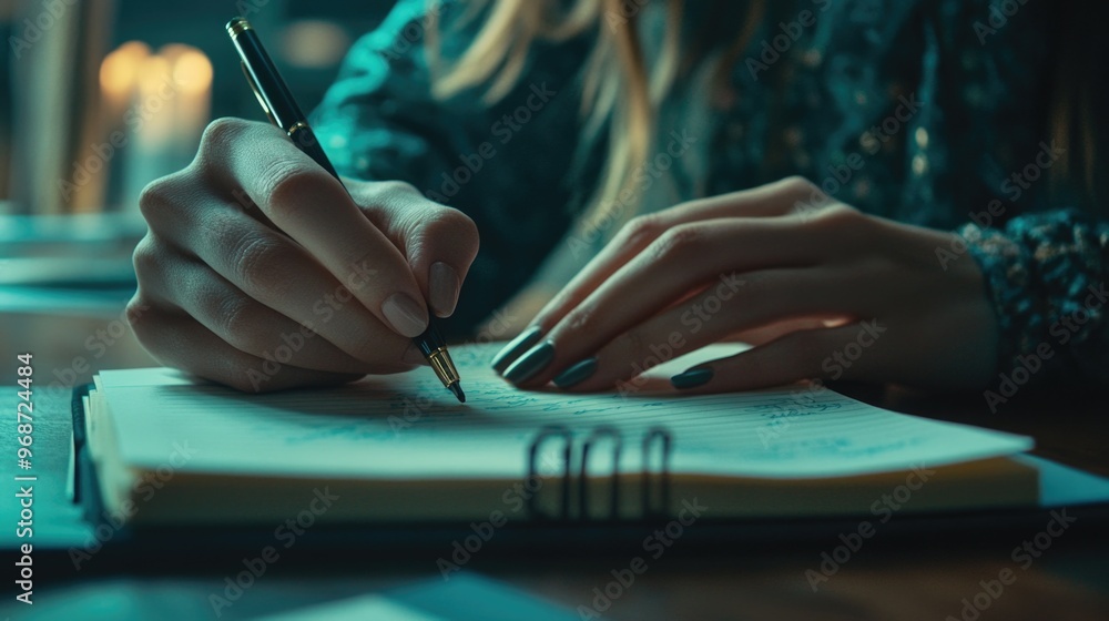 Obraz premium Hand writing in notebook, concentration and creativity concept