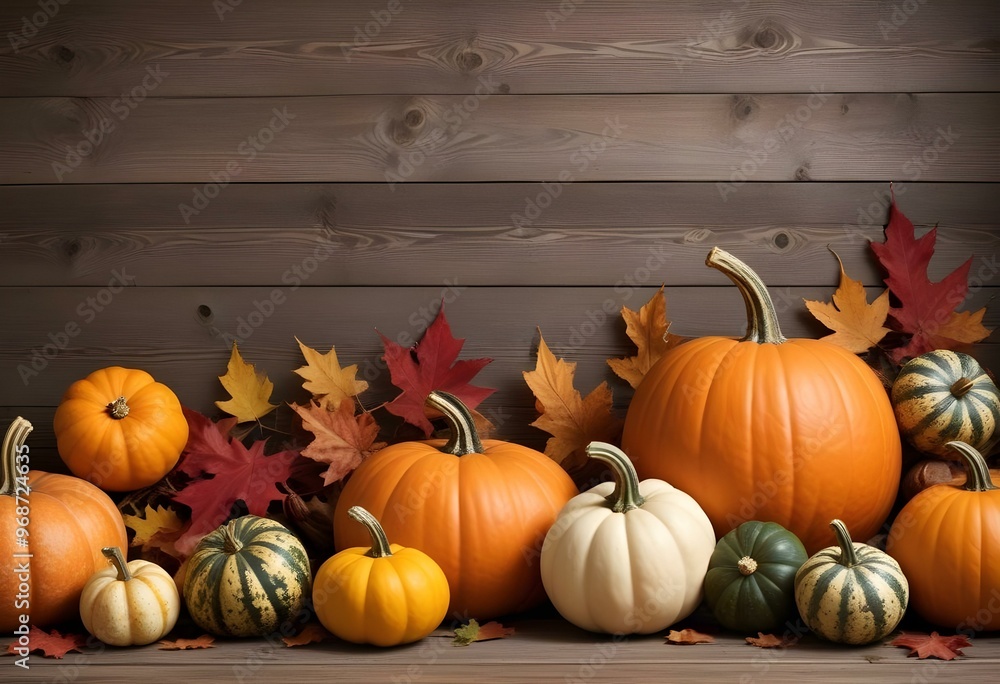 Assortment of pumpkins, gourds, and autumn leaves on a rustic wooden background. Assortment of pumpkins, gourds, and autumn leaves on a rustic wooden background.