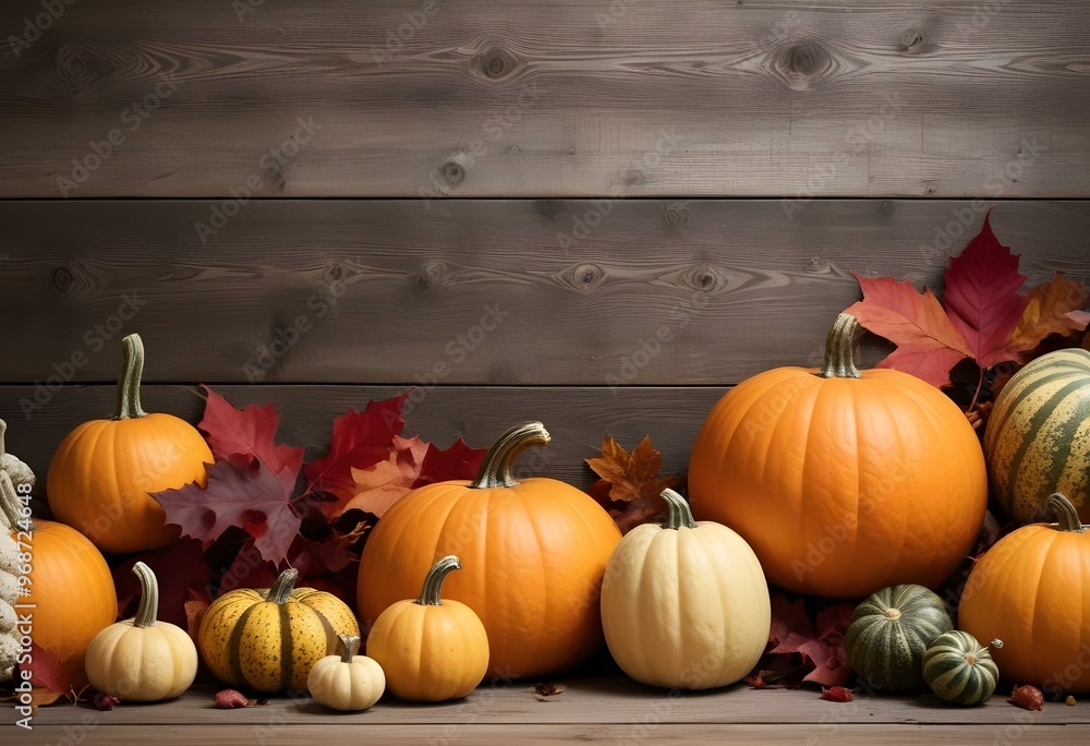 Assortment of pumpkins, gourds, and autumn leaves on a rustic wooden background. Assortment of pumpkins, gourds, and autumn leaves on a rustic wooden background.