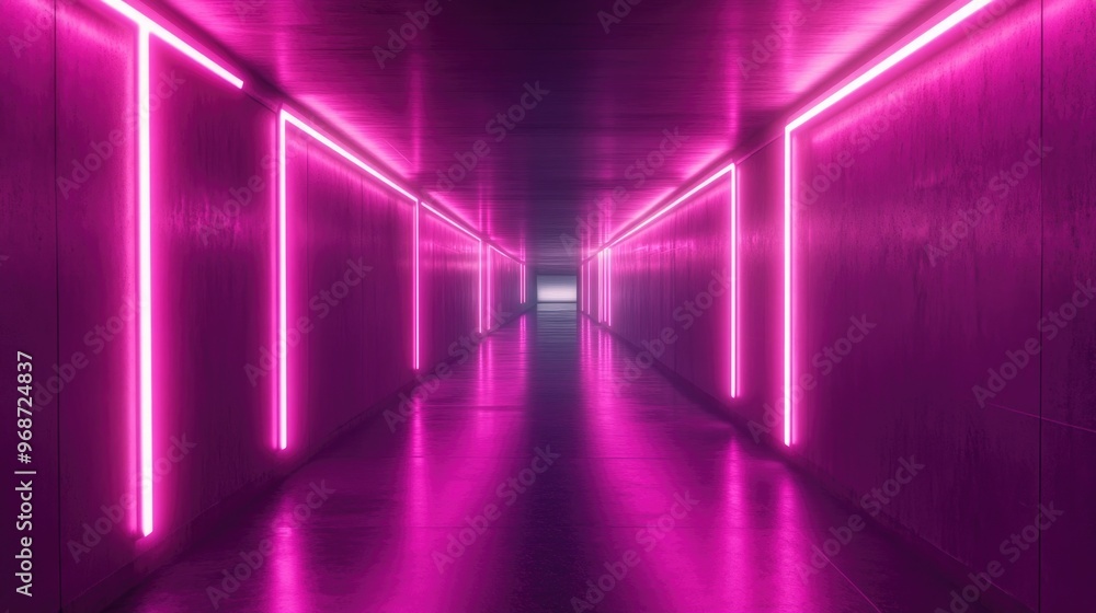 The image features an atmospheric hallway illuminated by pink neon lights. The walls are adorned with horizontal lines that glow in the same hue, casting a futuristic and modern ambiance. The image features an atmospheric hallway illuminated by pink neon lights. The walls are adorned with horizontal lines that glow in the same hue, casting a futuristic and modern ambiance.