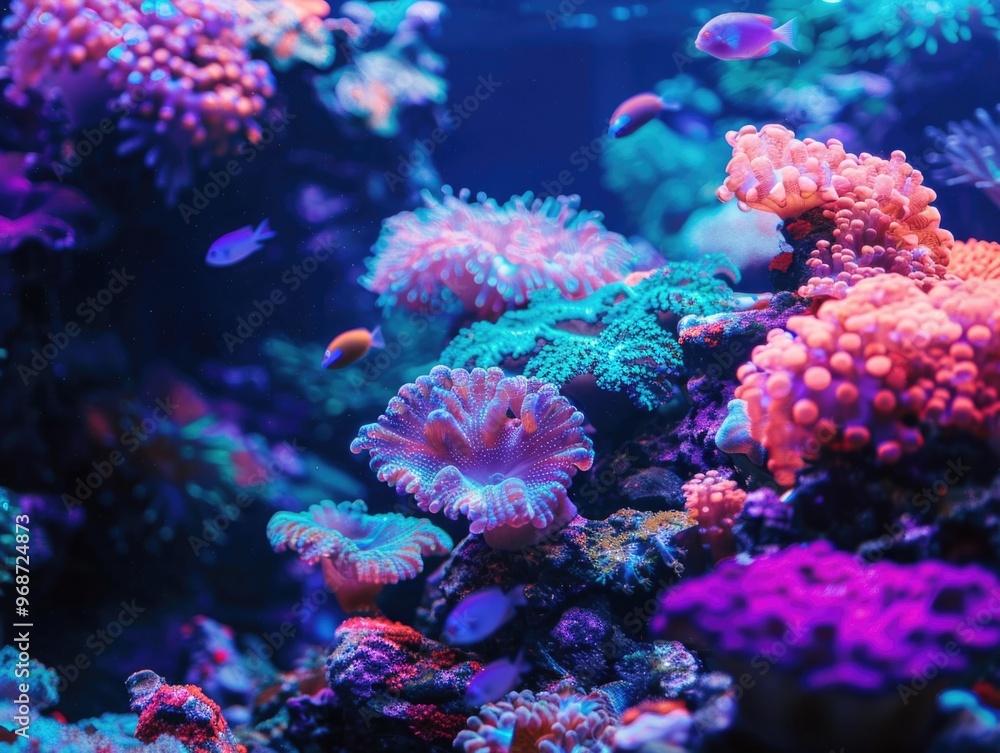 Naklejka premium A vibrant marine scene, home to a variety of colorful fish in a coral reef environment.