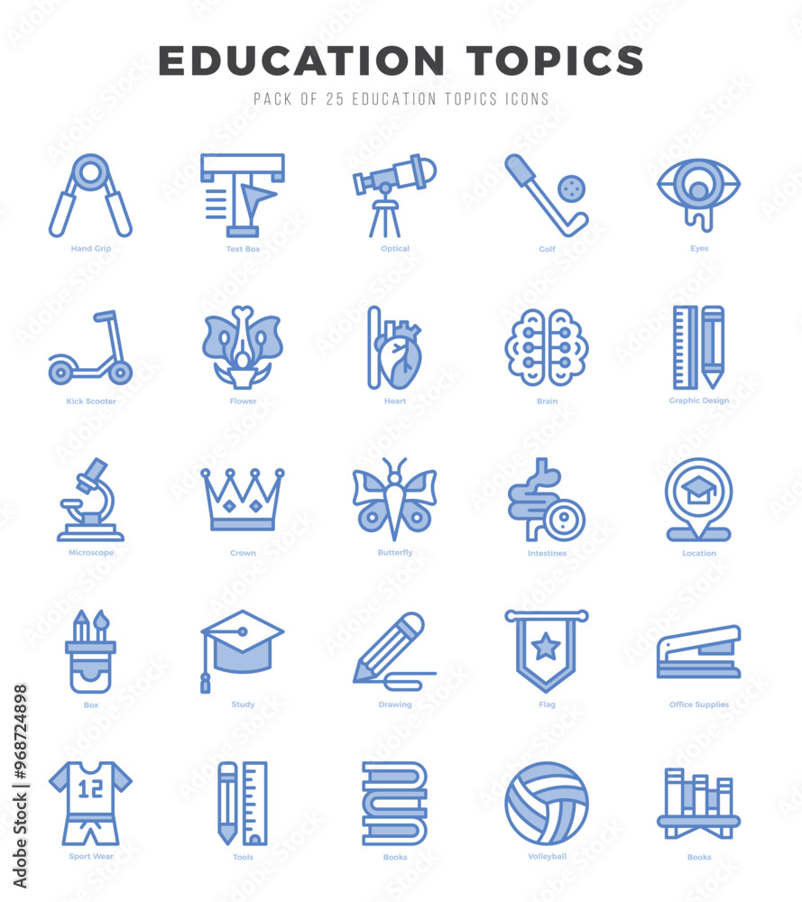Education Topics Two Color icons collection. 25 icon set. Vector illustration.