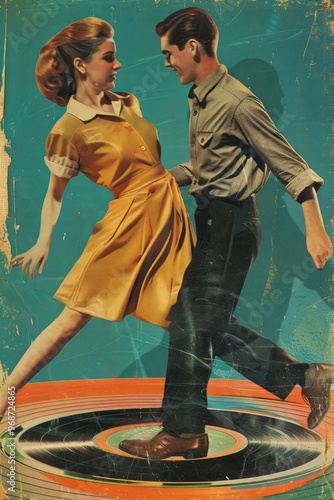 A man and a woman are dancing on a record photo