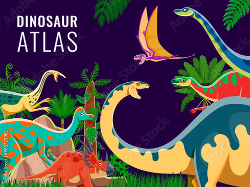 Dino atlas book cover with cartoon prehistoric dinosaur characters, vector background. Kids paleontology book and prehistoric lizards atlas cover with Jurassic or Cretaceous era dinosaurs in forest