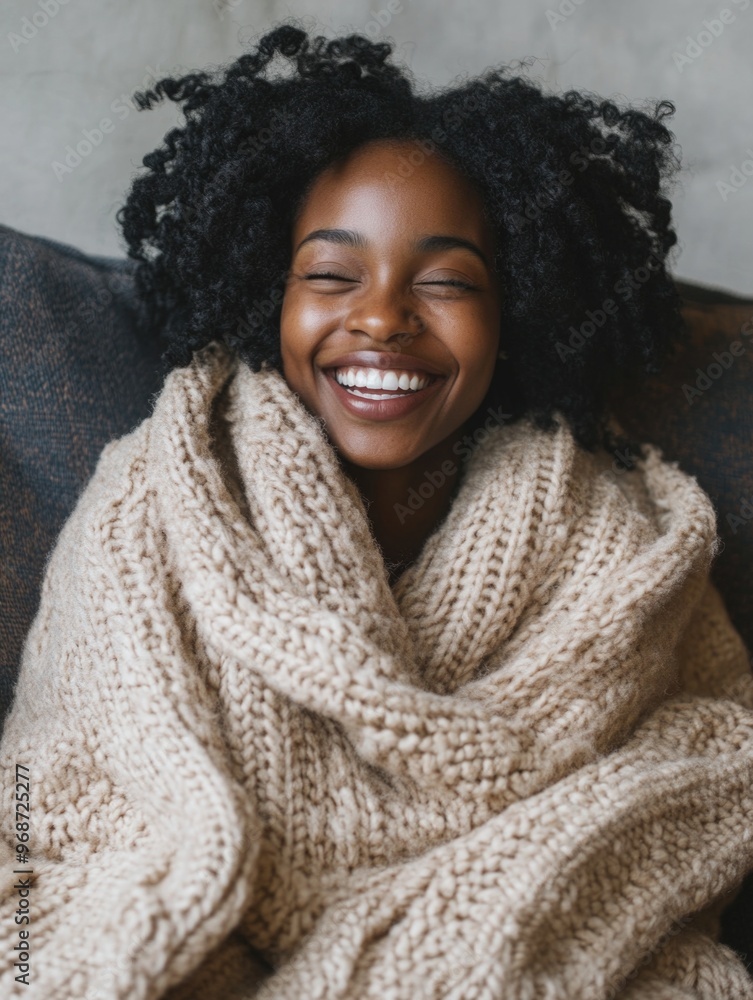 A woman with curly hair is smiling and wearing a fuzzy blanket. She looks happy and relaxed. Concept of warmth and comfort, as the woman is wrapped in the cozy blanket A woman with curly hair is smiling and wearing a fuzzy blanket. She looks happy and relaxed. Concept of warmth and comfort, as the woman is wrapped in the cozy blanket