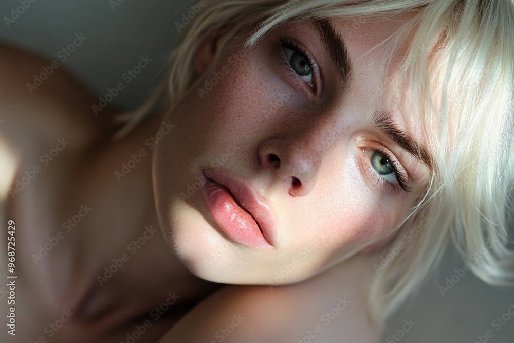 A woman with green eyes and blonde hair is looking at the camera. She has a slight smile on her face