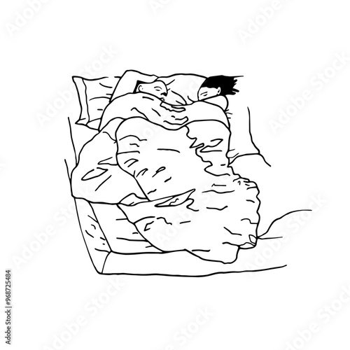 Esquisse noir et blanc d'un couple qui dort dans un lit vu de haut. Dessin à la main noir et blanc minimaliste. 