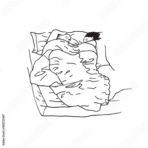 Esquisse noir et blanc d'un couple qui dort dans un lit vu de haut. Dessin à la main noir et blanc minimaliste. 