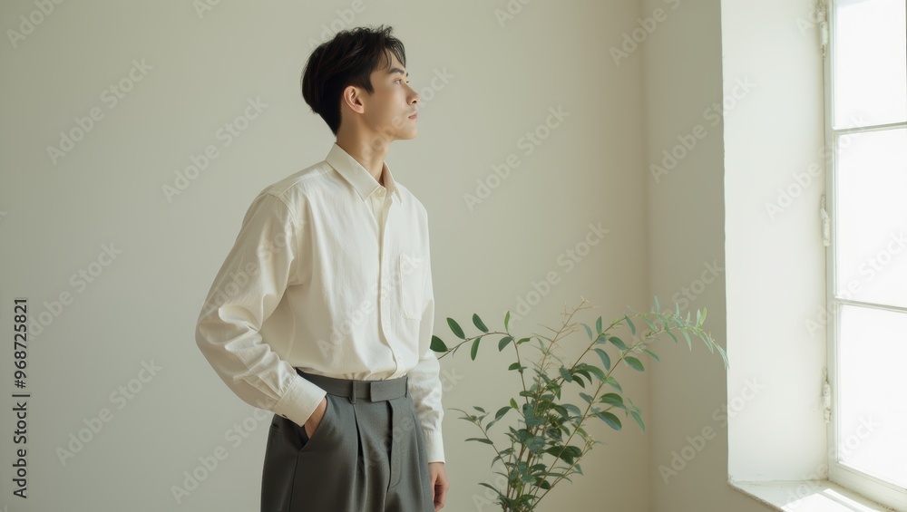 Young Man in White Shirt an Gray Pants Look Out Winow