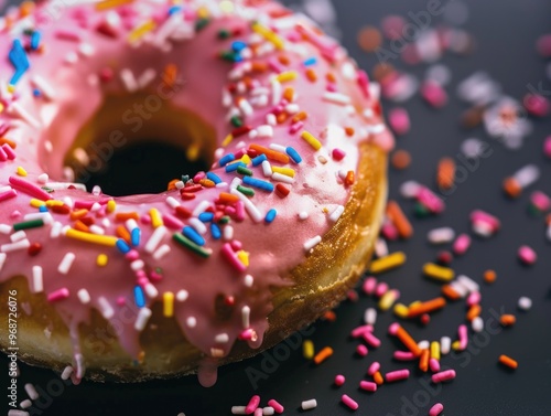 A pink frosted donut with rainbow sprinkles on top. The sprinkles are scattered all over the donut, creating a colorful and festive appearance