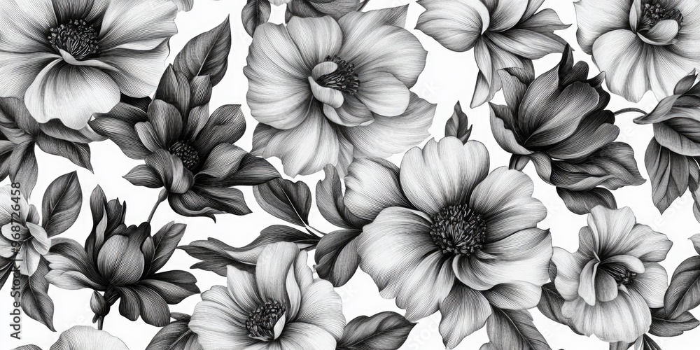 A black and white floral patterned background with flowers. The flowers are drawn in a stylized way, with some of them appearing to be in motion. Scene is serene and calming A black and white floral patterned background with flowers. The flowers are drawn in a stylized way, with some of them appearing to be in motion. Scene is serene and calming
