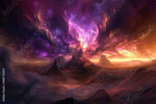 Celestial Planescape, a vivid landscape where elemental chaos intertwines with ethereal beauty, showcasing the raw power and mystery of a primordial hellscape in the cosmos. photo