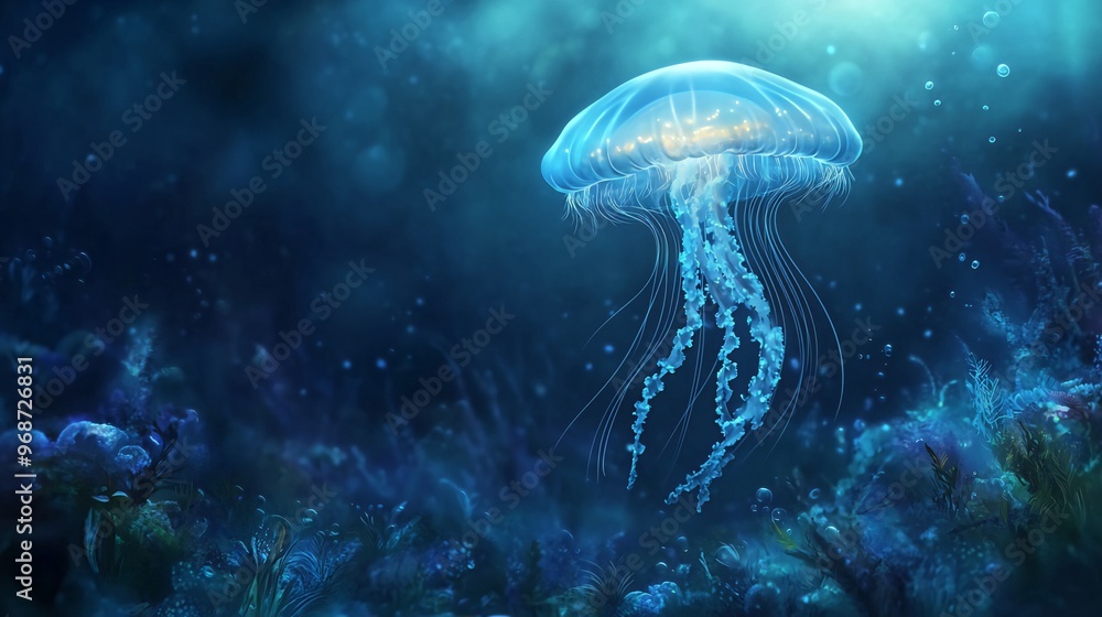 A glowing jellyfish with long tentacles floats through a dark, blue, underwater world. The jellyfish has a dome-shaped bell with a faint yellow glow, and its tentacles are long and thin. A glowing jellyfish with long tentacles floats through a dark, blue, underwater world. The jellyfish has a dome-shaped bell with a faint yellow glow, and its tentacles are long and thin.