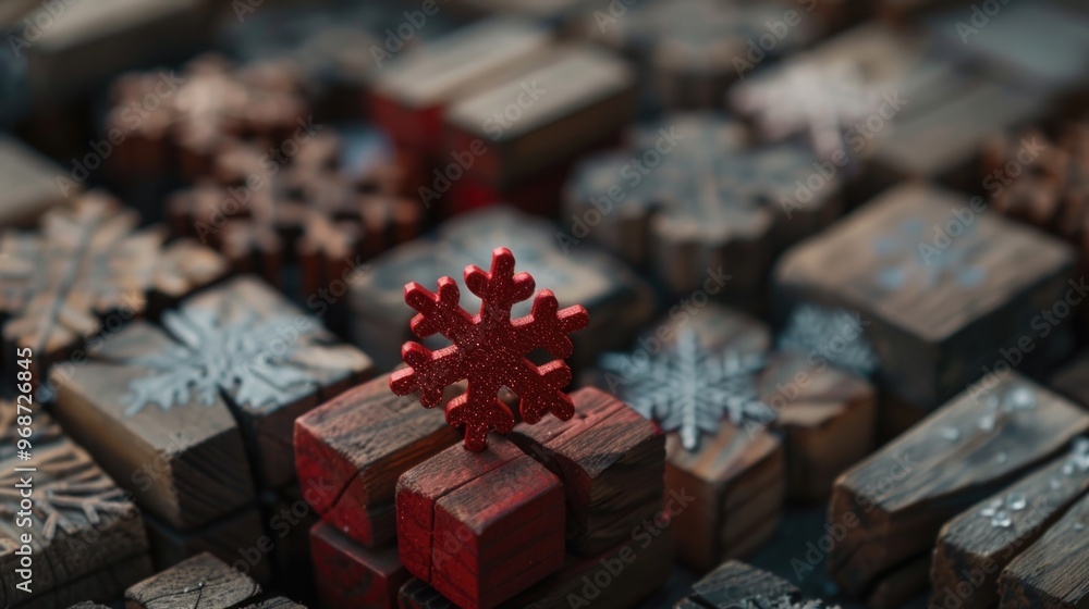 A red snowflake is on top of a stack of wooden boxes. The snowflake is surrounded by other snowflakes, some of which are also red. The image has a festive and cheerful mood A red snowflake is on top of a stack of wooden boxes. The snowflake is surrounded by other snowflakes, some of which are also red. The image has a festive and cheerful mood