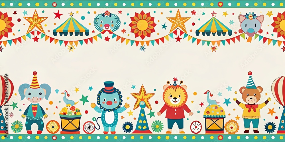 Fototapeta premium Seamless border design with circus animals and holiday elements for a festive celebration