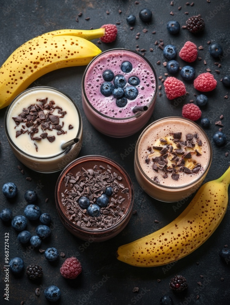A group of smoothies with bananas and berries on a table. The smoothies are in different colors and flavors, including chocolate and blueberry A group of smoothies with bananas and berries on a table. The smoothies are in different colors and flavors, including chocolate and blueberry