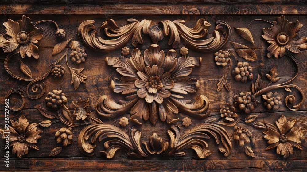 A wooden panel with a floral design on it. The design is intricate and detailed, with many different types of flowers and leaves. The panel is likely a piece of art or a decorative element A wooden panel with a floral design on it. The design is intricate and detailed, with many different types of flowers and leaves. The panel is likely a piece of art or a decorative element