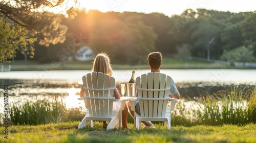 Couple Sitting on White Adirondack Chairs Enjoying Lake View with Ice Bucket and Glasses of Wine, Small Table with Mugs, Surrounded by Green Trees
