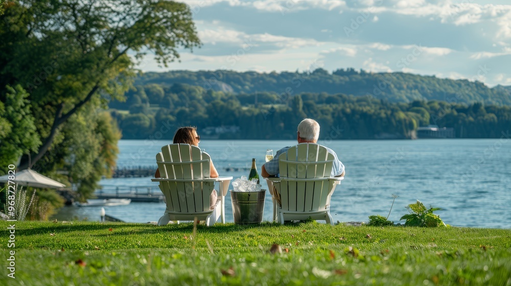 Obraz premium Couple Sitting on White Adirondack Chairs Enjoying Lake View with Ice Bucket and Glasses of Wine, Small Table with Mugs, Surrounded by Green Trees