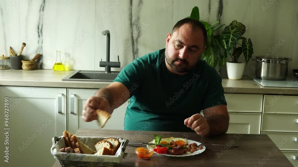 Man eats english breakfast at home Man eats english breakfast at home