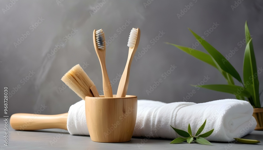 Eco toothbrushes. Bamboo toothbrushes cup, natural soap, plastic free ear sticks, wooden hair brush and white towels on gray stone background Eco toothbrushes. Bamboo toothbrushes cup, natural soap, plastic free ear sticks, wooden hair brush and white towels on gray stone background