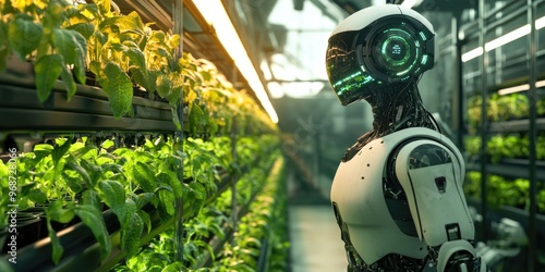 Wallpaper Mural A robot is standing in a greenhouse with plants. The robot is white and green Torontodigital.ca