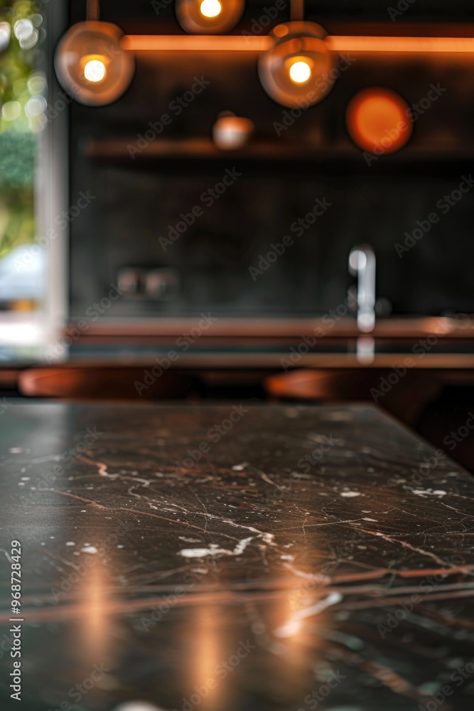 Fototapeta premium A kitchen with a marble countertop and a sink. The countertop is shiny and reflective, and the sink is stainless steel