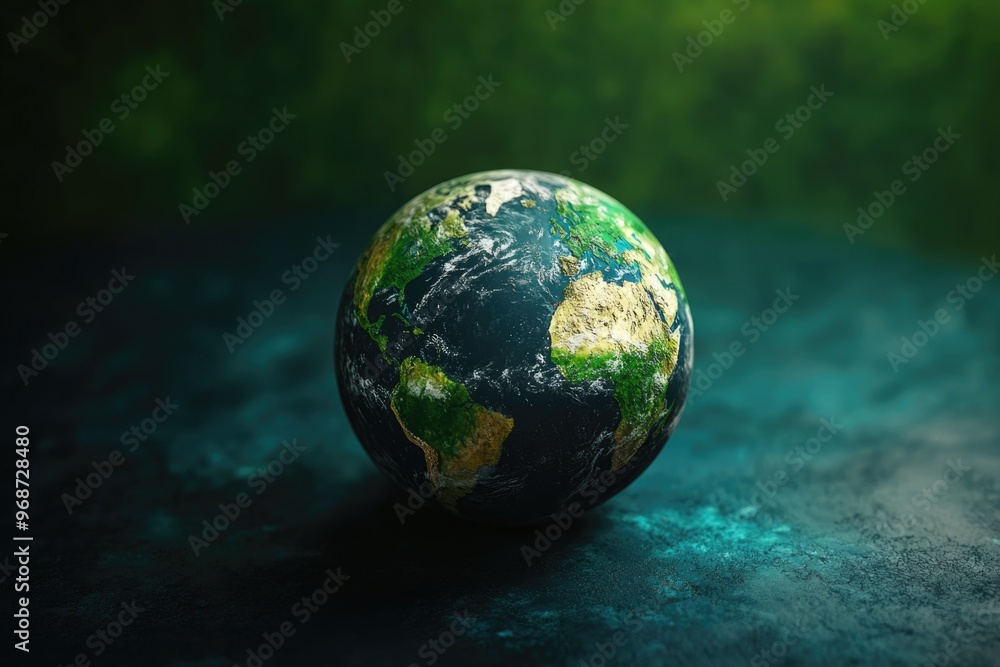 A small globe of the earth sits on a dark surface. The globe is surrounded by a green background, which gives the impression of a lush, vibrant planet A small globe of the earth sits on a dark surface. The globe is surrounded by a green background, which gives the impression of a lush, vibrant planet