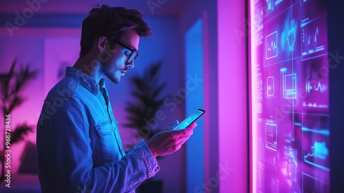 Man Using Phone Neon Light.